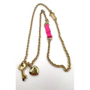 Gold Tone Key & Heart Charm Necklace Arrow Clasp Valentine Style 17"